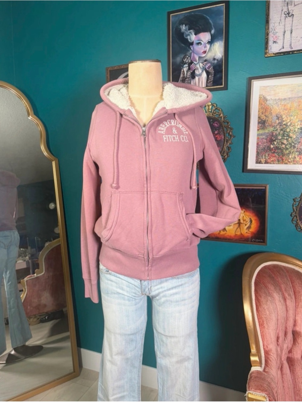 Abercrombie & Fitch Dusty Rose Sherpa Lined Zip Hoodie Size S